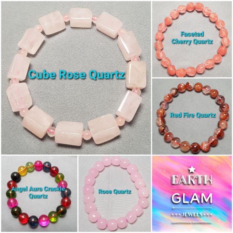 Natural Stone Crystal Red Fire, Cube Rose, Angel Aura Crackle, Faceted Cherry, Rose Quartz Bracelets