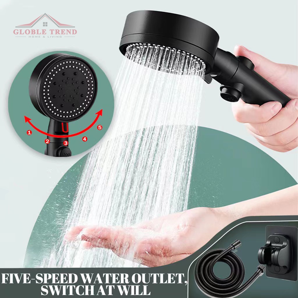 Turbocharged Shower Head With Hose 5-speed Adjustable Mode Bathroom ...