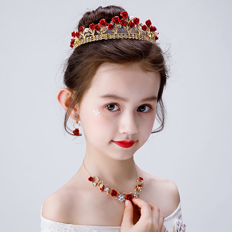 Mga hikaw ng mga bataKasuotang pang-headwear ng mga batang babae crown necklace earrings set red f