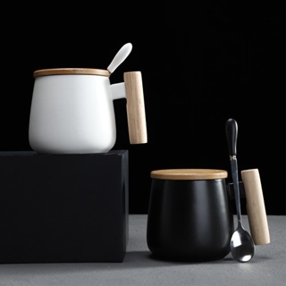 400ml Nordic wooden handle Cups White Black Ceramic Coffee Mugs Large capacity mug with spoon lid mu #2