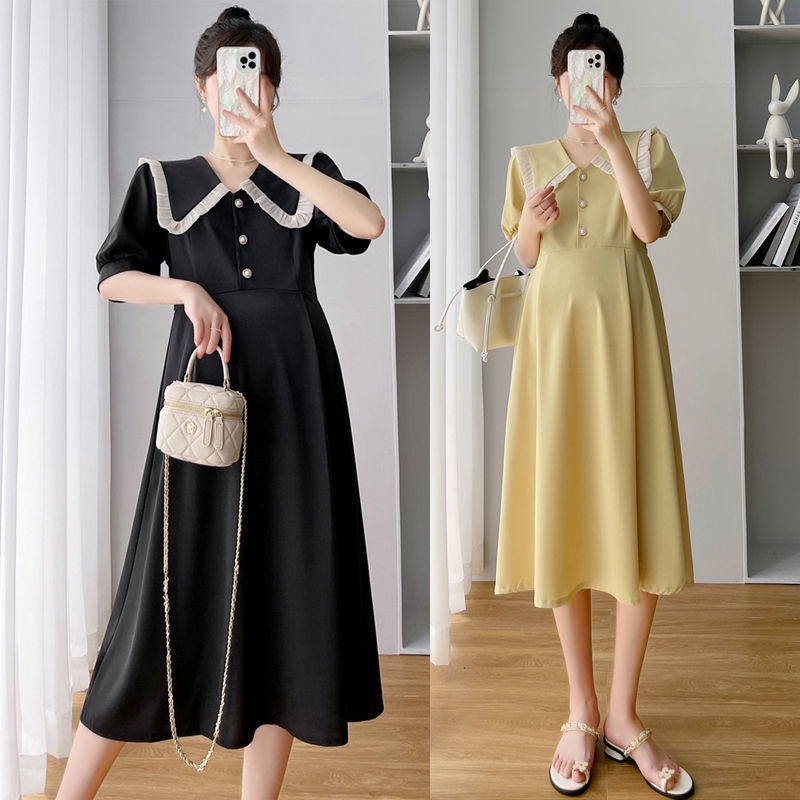 M-2XL Maternity Dress Summer Preggy 2022 New Fashion Mom Free Waist Elegant Lady Doll Collar Open Bu