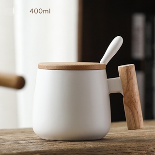 400ml Nordic wooden handle Cups White Black Ceramic Coffee Mugs Large capacity mug with spoon lid mu #8
