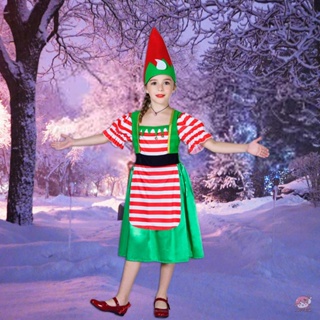 JOP-Kid Girls Christmas Cosplay Outfits Short Sleeve Striped Dress + Cartoon Hat #9
