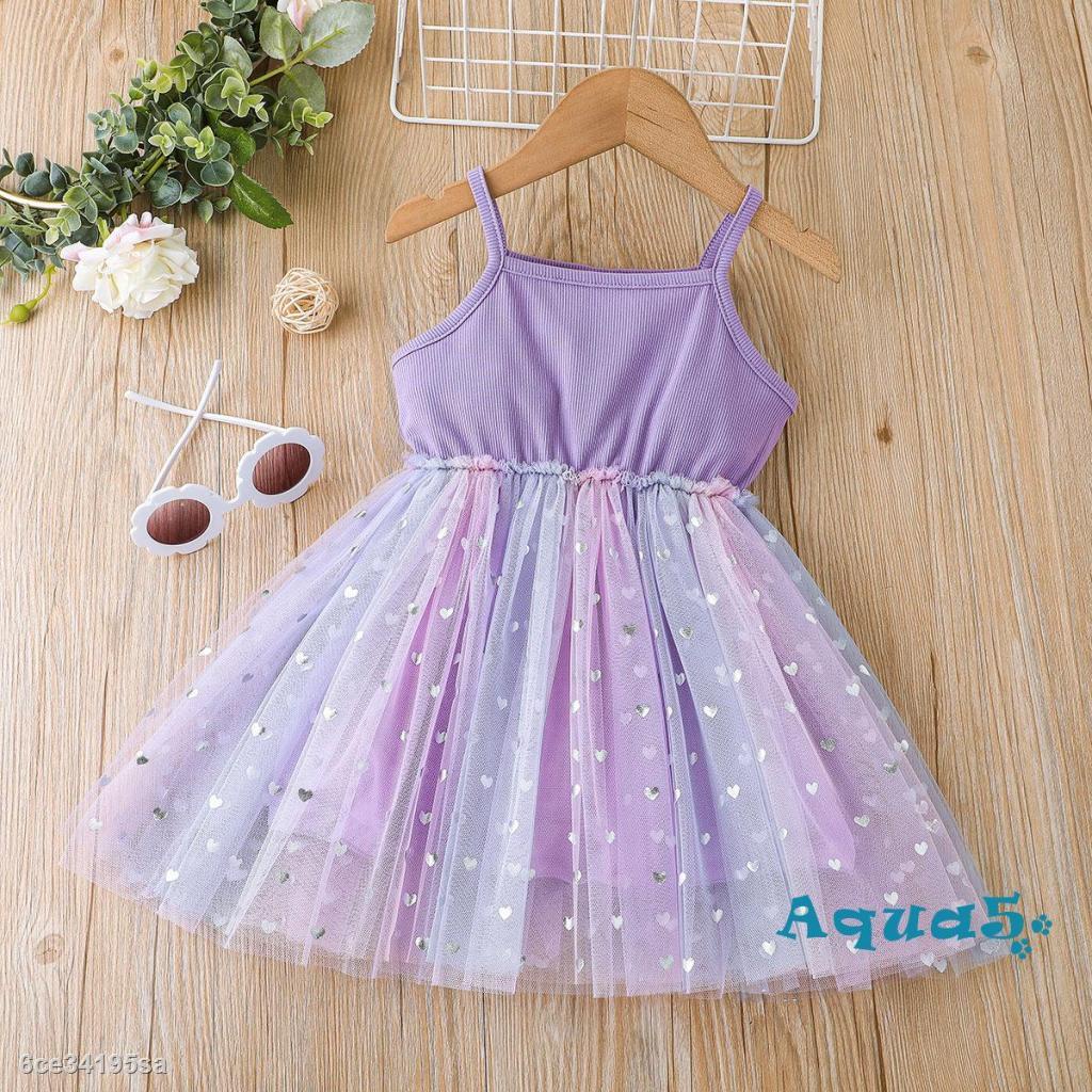 AQQ-Children Girl Summer Dresses Pink Stitched Heart Print Mesh Cute Suspender Dress Birthday Gif