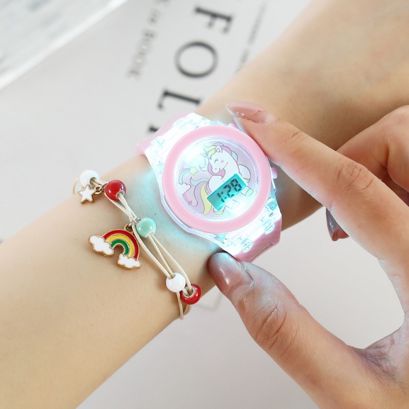 2pcs/set Children Cartoon Unicorn Luminous Watch For Girls Kids Rainbow