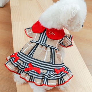 Summer Dog Dress for Female Red Bowknot Khaki Stripe Checkered Plaid Pet Wedding Dress Dog Cat Gown for Birthday Party