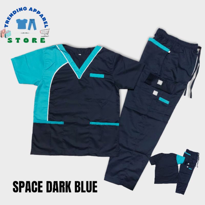 SCRUB SUIT SPACE AQUA / NAVY BLUE COMBI W/ CARGO SET LHACOS COTTON