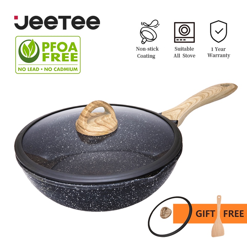 JEETEE Maifan Stone Non Stick Wok Deep Fry Pan Chinese Stir With Cover ...