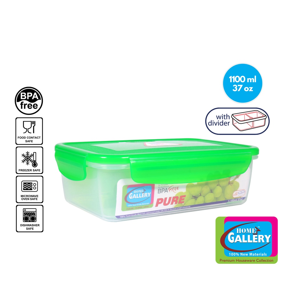 Home Gallery Pure Rectangular Food Keeper w/ 3 Divider 1100ml/37oz