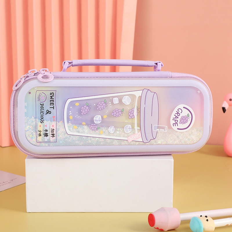 Life Office Supplies New Stylish and Versatile Double Layer Pencil Case Creative Portable Quicksand Zipper Stationery Box Storage Box for Students