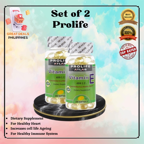 SET OF 2 PROLIFE ATLAS VITAMIN E 100 Softgel Capsules per bottle