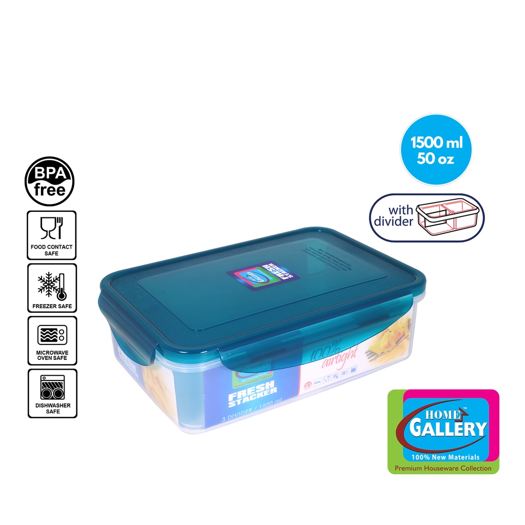 Home Gallery Fresh Stacker Rectangular Food Keeper w/ 3 Divider 1500ml