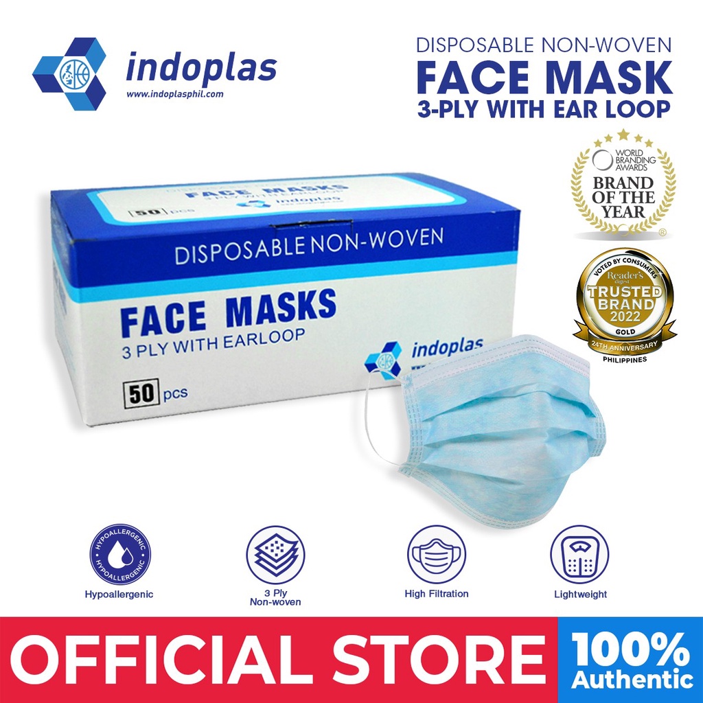 Indoplas Disposable Face Mask 3-Ply with Earloop 1 box (50 pcs ...