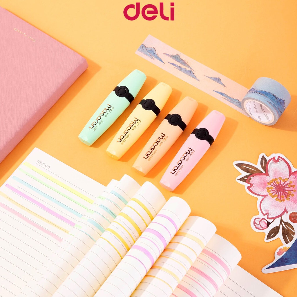 Deli 4 Colors Highlighter Pen Set Macaron Pastel Color Highlighter