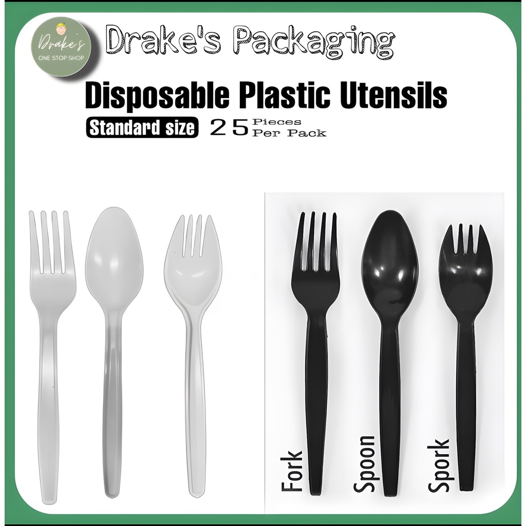 [25pcs] Disposable Spoon and Fork White And Black Spork Set per pack
