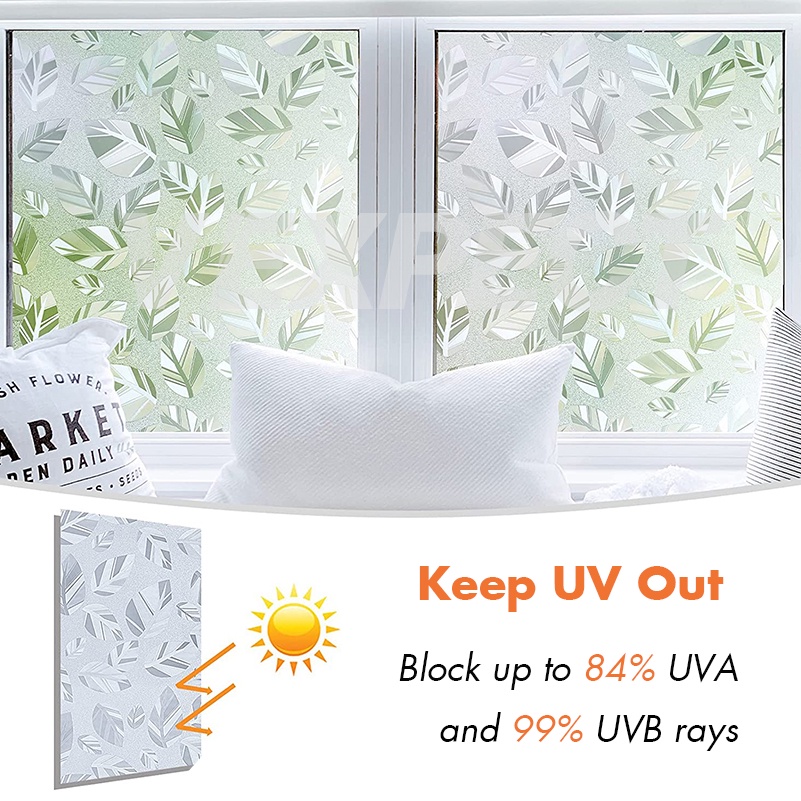Privacy Window Sticker Film, Non-adhesive Frosted Window Film, Static Cling Glass Window Sticker, No Glue Opaque Glass Film Anti-UV White Leaf Decoration for Home Bedroom Kitchen