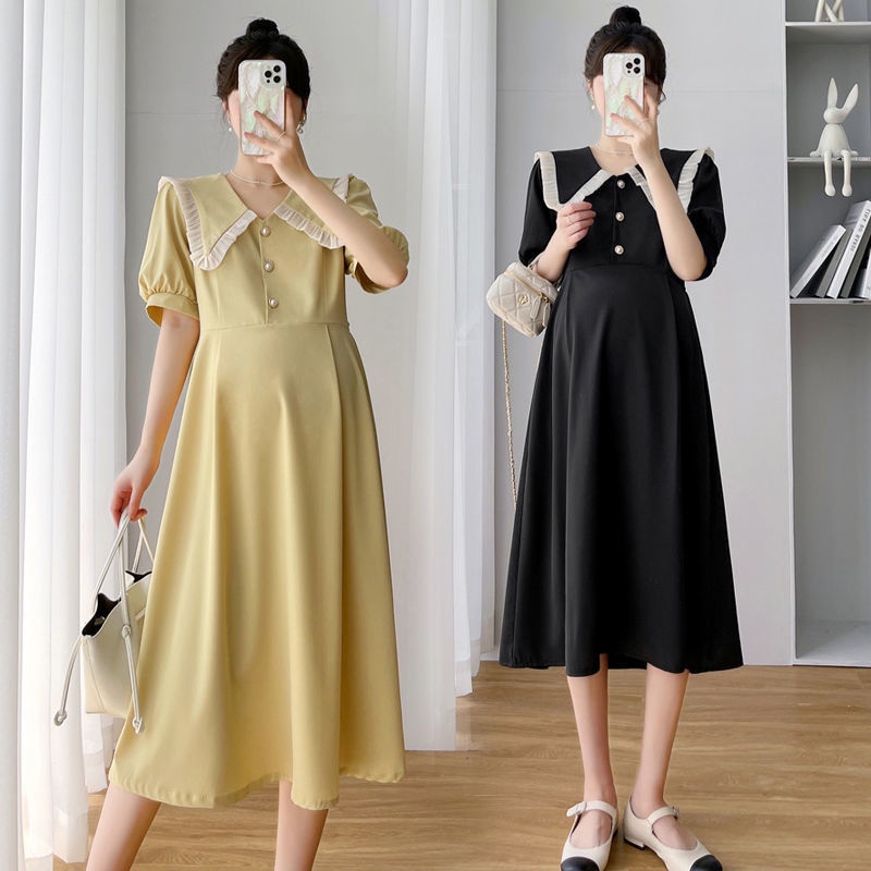 M-2XL Maternity Dress Summer Preggy 2022 New Fashion Mom Free Waist Elegant Lady Doll Collar Open Bu