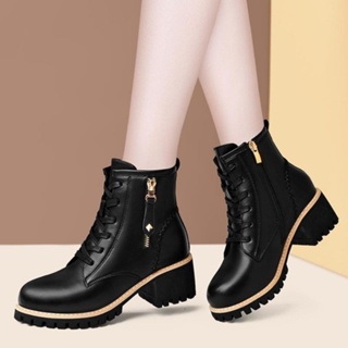 High-Quality Soft Leather Martin Boots Women 2021 Autumn Winter New Style Versatile Single Thick-Soled Fleece Lining Warm Motorcyc