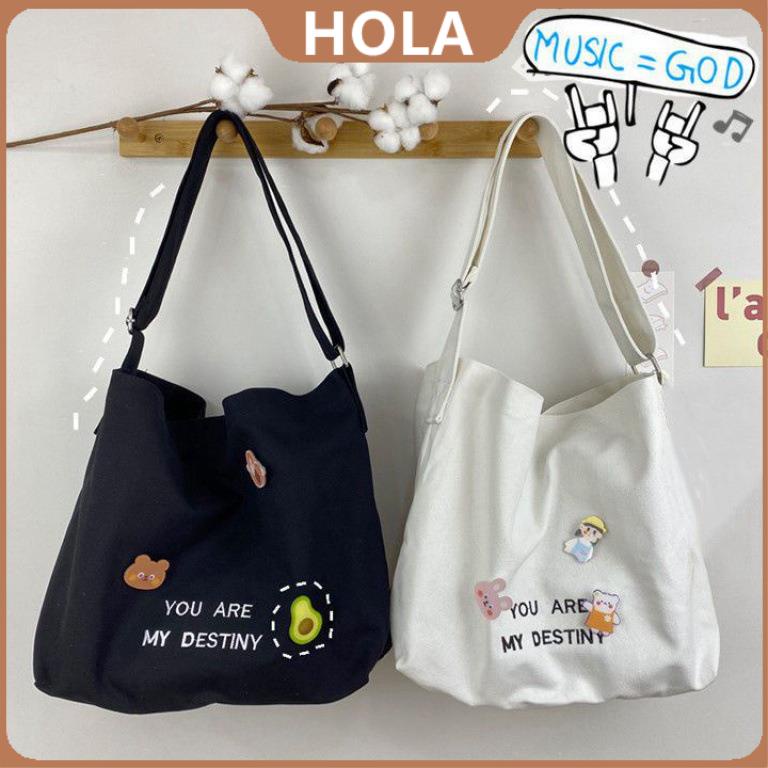 Hola Cute Badge Korean New Fashion Canvas Tote Bag Simple Casual Shoulder  Bags With Zipper For Women | Shopee Philippines