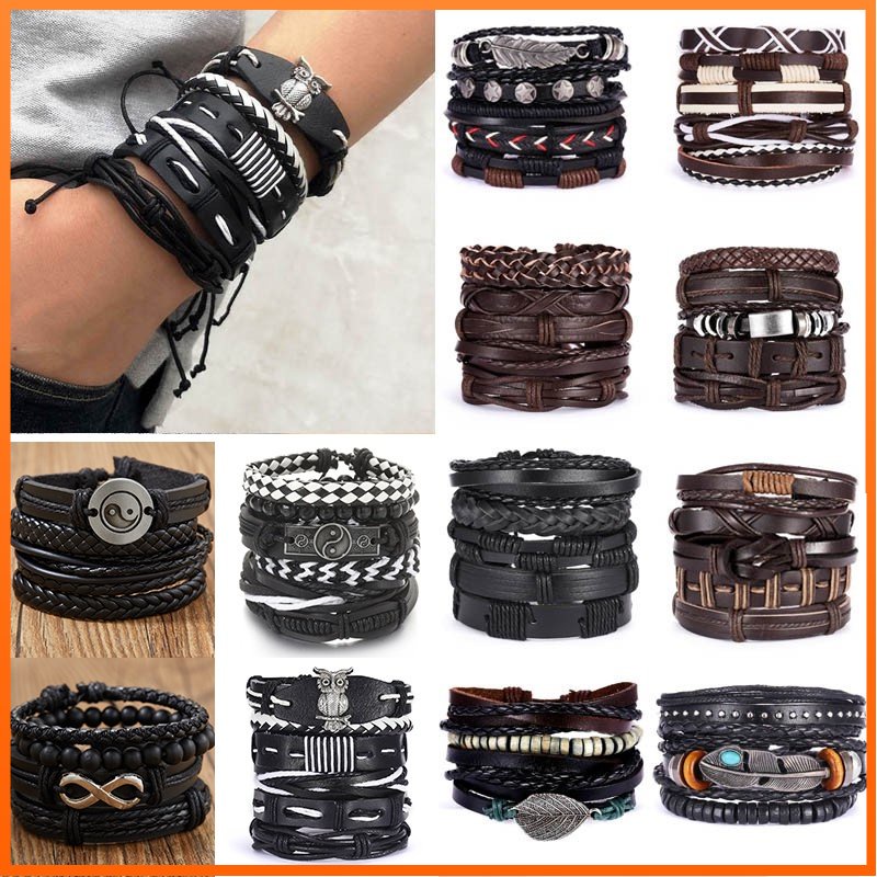 【ZHENGYOU】5Pcs/6Pcs Fashion Combination Bracelet Men's Woven Leather Adjustable Set Bracelet Gift Jewelry Factory Wholesale