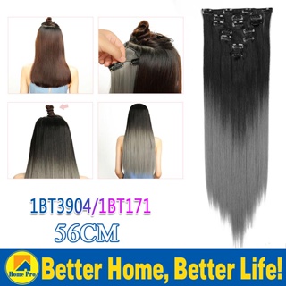7Pcs Straight Hairpieces Ombre Hair Extension Long Straight Synthetic Hair Clips In Ombre Black Gray
