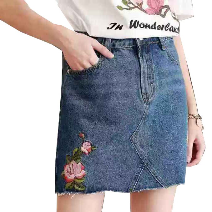 Denim Skirt High waisted w/zipper Maong Skirt with flower design ...