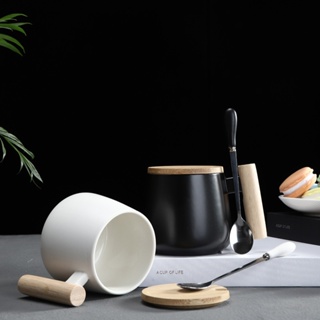 400ml Nordic wooden handle Cups White Black Ceramic Coffee Mugs Large capacity mug with spoon lid mu #5