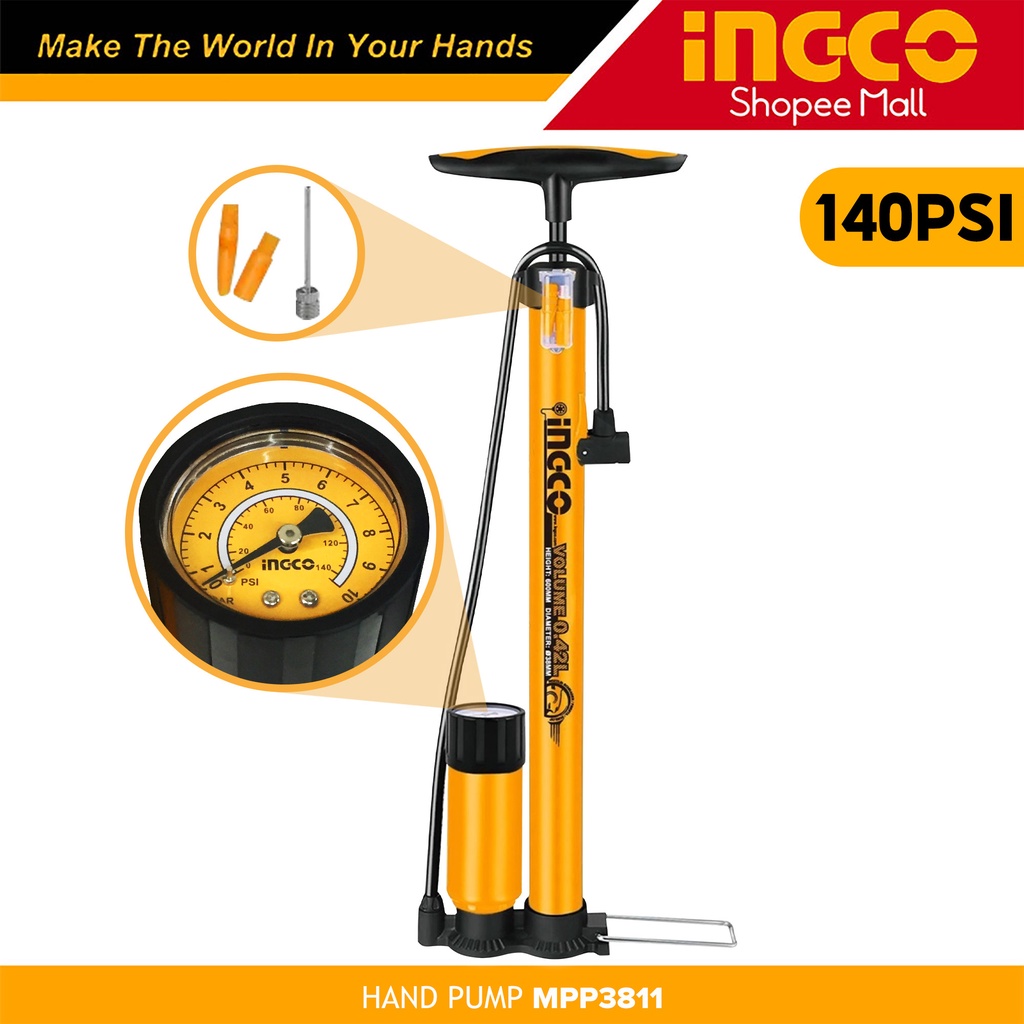 Ingco MPP3811 Tire Hand Pump Bicycle Inflator 0.42L 140PSI with Plastic