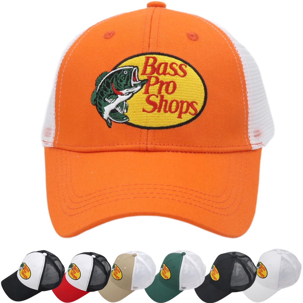BassPro Shops Mesh Hat Embroidered Fishing Hat Men's Trucker Hat Cotton Outdoor Baseball Cap