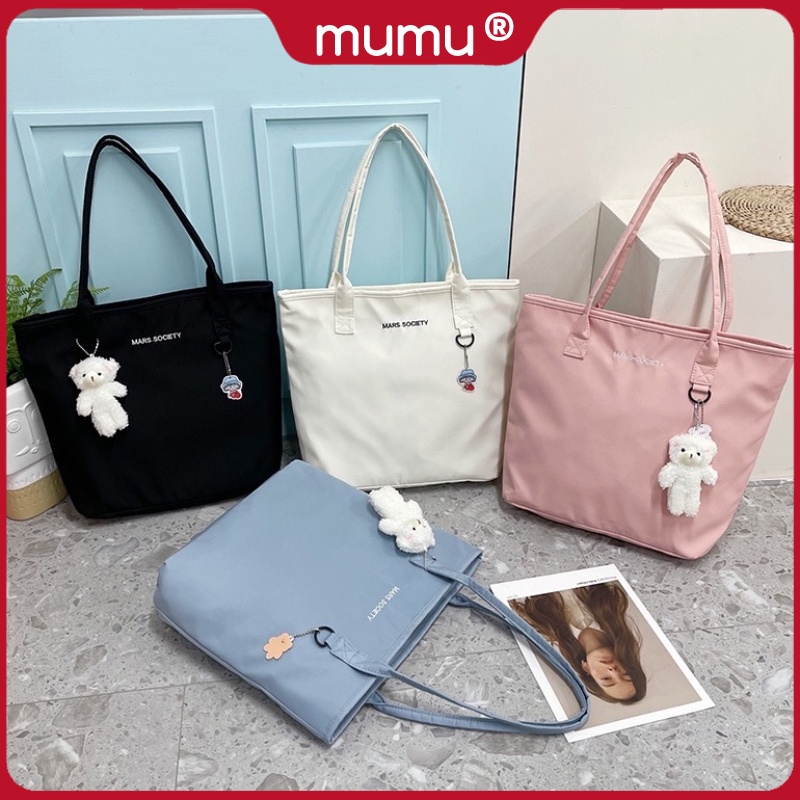 Mumu 3031 Korean Simple Nylon Tote Bag With Zipper Large Capacity Waterproof Cute Bags For