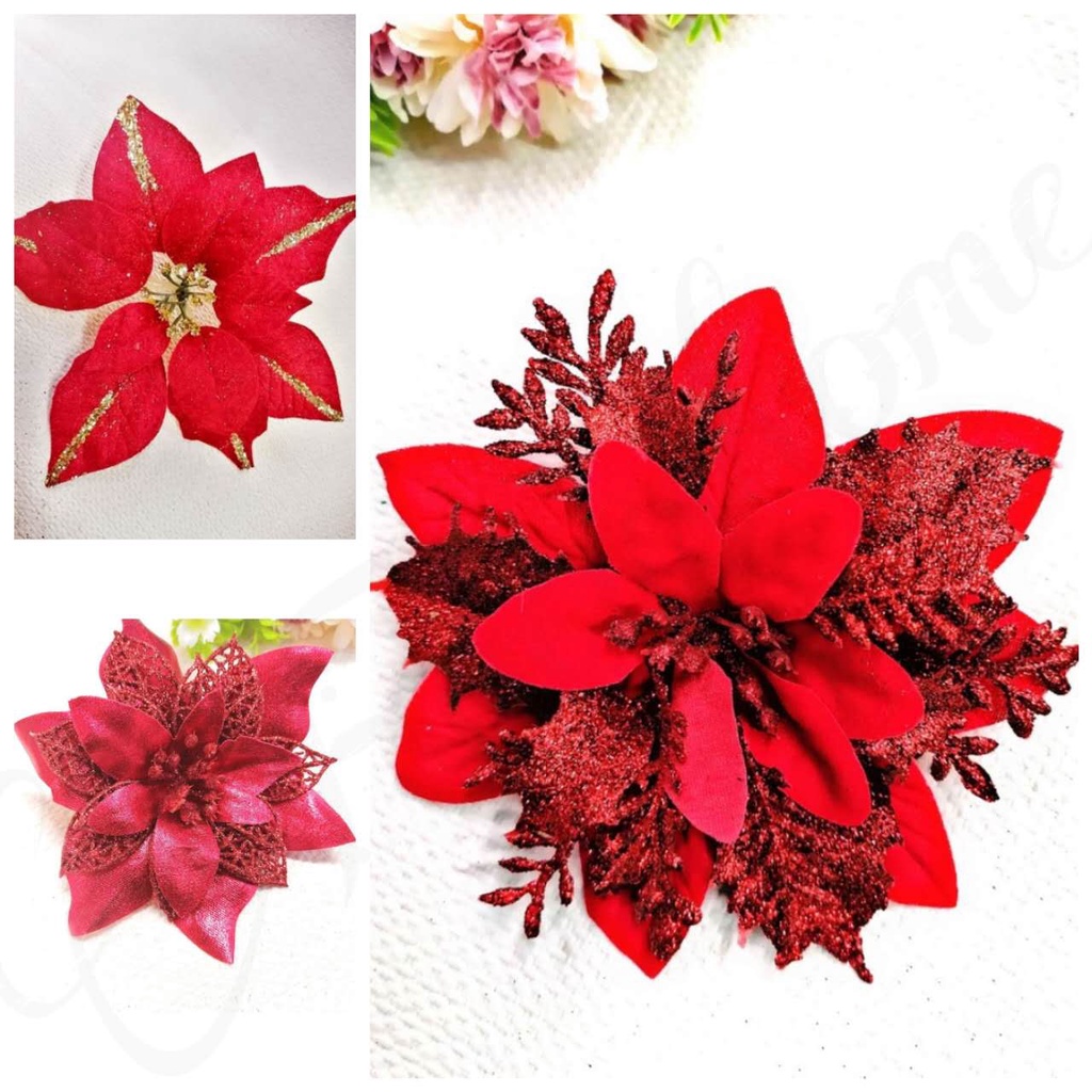 Poinsettia Red Christmas Glittered Flower Christmas Tree Decoration Accent Shopee Philippines