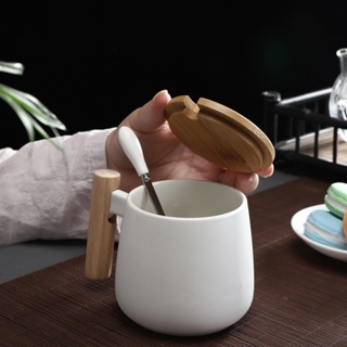 400ml Nordic wooden handle Cups White Black Ceramic Coffee Mugs Large capacity mug with spoon lid mu #4