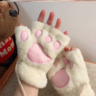 Cute Cat Paw Fluffy Claw Fingerless Gloves Warm Soft Plush Fingerless Panda Glove Half Finger Women Winter Wear Christmas