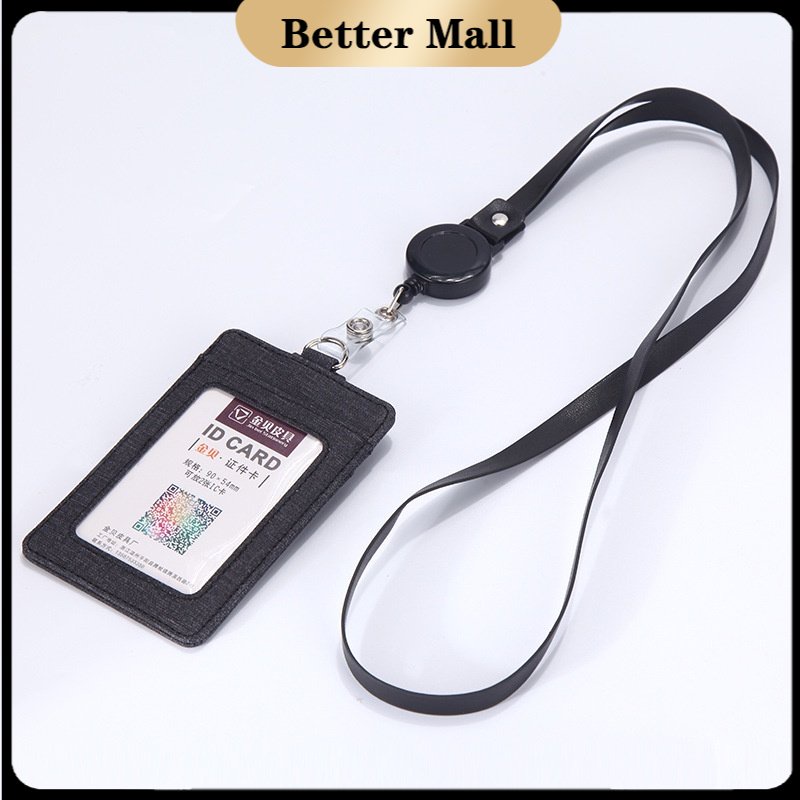 Retractable ID Holder ID Card Holder with Lanyard Card Sleeve Leather