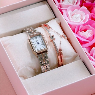 Ladies Watch+Bracelet Vintage Korean Fashion Simple Square Stainless Steel Strap Gold Silver Rose Waterproof Watch for Woman