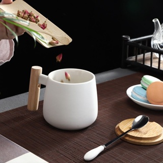400ml Nordic wooden handle Cups White Black Ceramic Coffee Mugs Large capacity mug with spoon lid mu #3