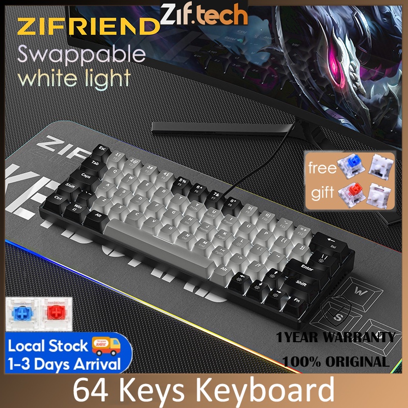 ZIFRIEND 64 Keys Mechanical Keyboard White Backlit Hot Swappable Blue