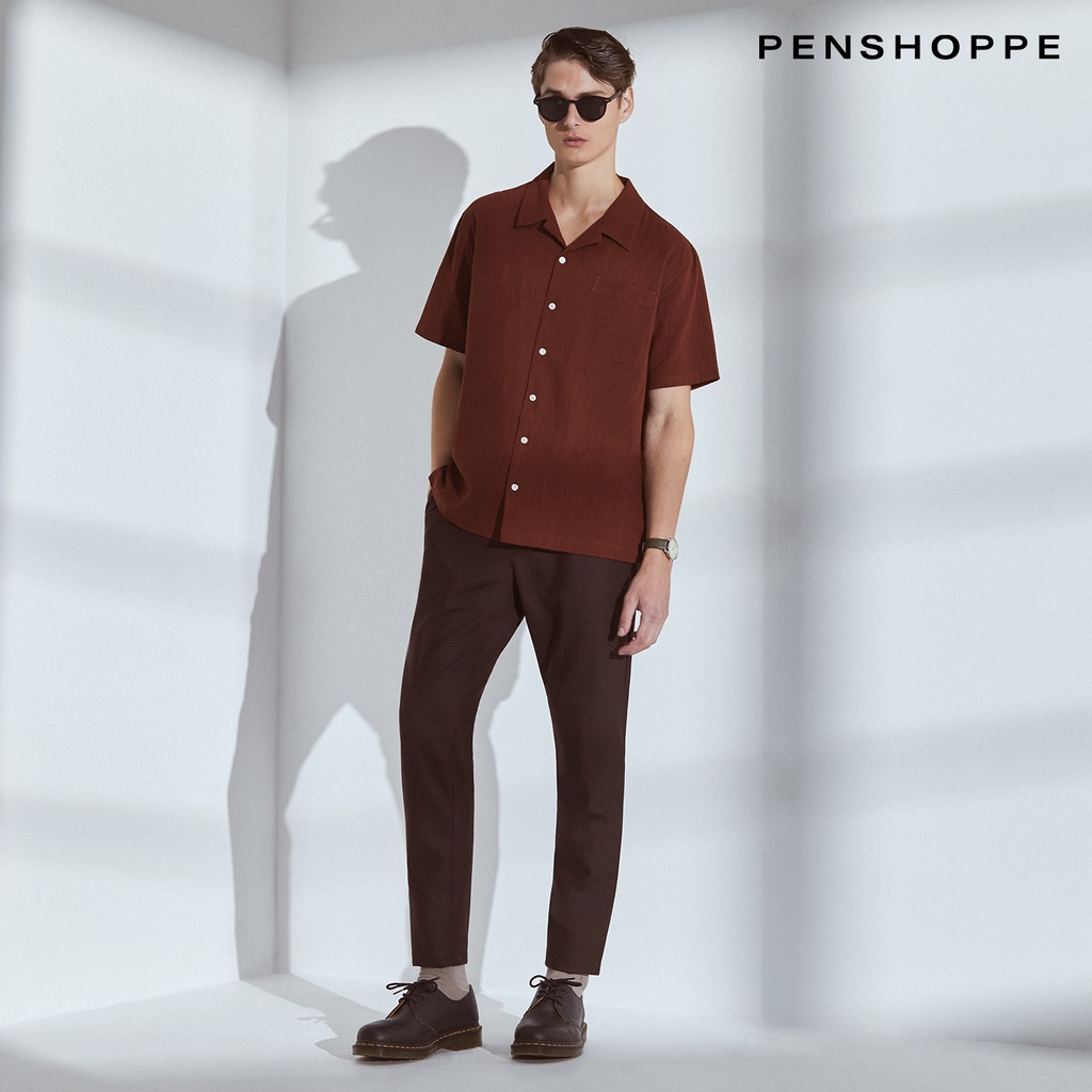 Penshoppe Dress Code Linen Resort Shirt For Men (Brown/Navy Blue ...