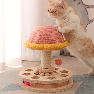 ☌☢♕Cat climbing frame integrated cat toy solid wood mushroom turntable cat toy sisal cat scratching