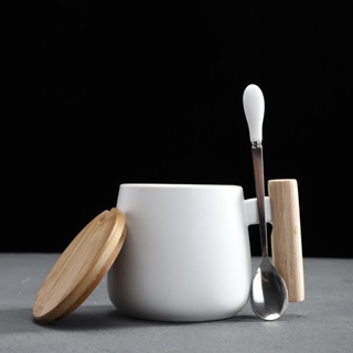 400ml Nordic wooden handle Cups White Black Ceramic Coffee Mugs Large capacity mug with spoon lid mu #6
