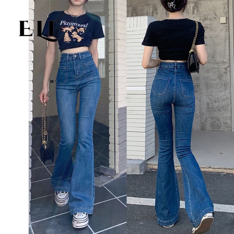 【48H Delivery】Korean elephant HighWaist Wide Leg bell bottom denim
