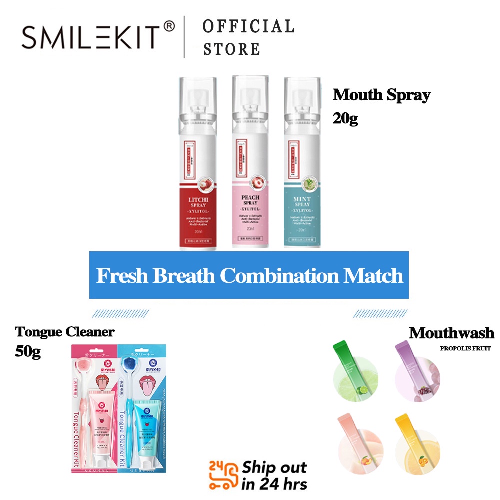 Smilekit Mouth Spray For Bad Breath 20ml + Mouthwash 20PCS + Tongue