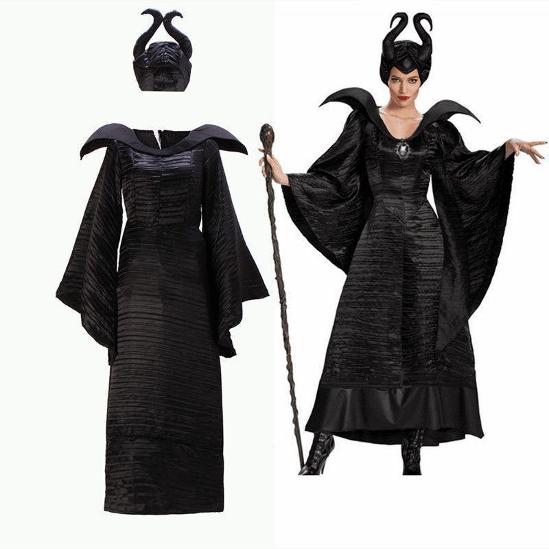 Movie Maleficent Costume Evil Witch Cosplay Outfit Adult Maxi Dress