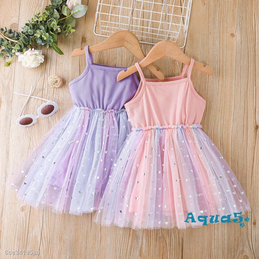 AQQ-Children Girl Summer Dresses Pink Stitched Heart Print Mesh Cute Suspender Dress Birthday Gif