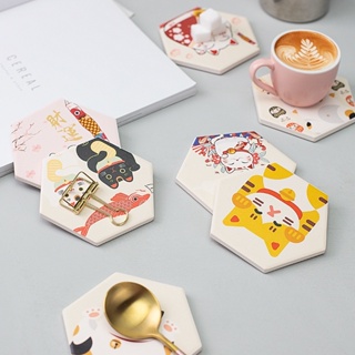 Lucky Cat Coaster Insulation Mat Meal Pattern Creative Table Pad Absorbent Diatomaceous Earth Japan #3