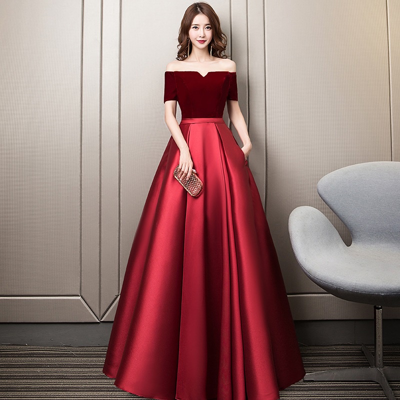 Wine Red Velvet Bride Toast Dress Off Shoulder Satin Chorus Performance ...