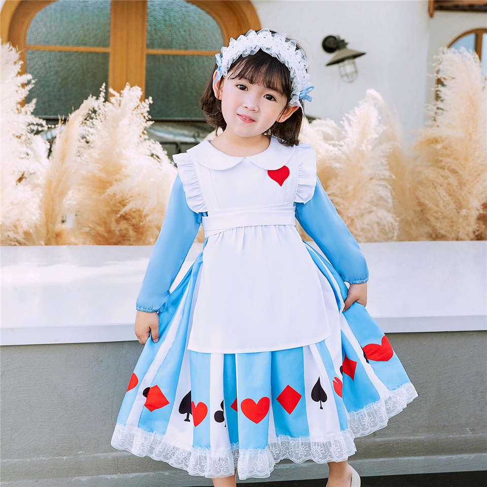  2pcs Fancy Girls Princess Alice Lolita Dress Kids Birthday Party Spanish Palace Retro Maid Costume 
