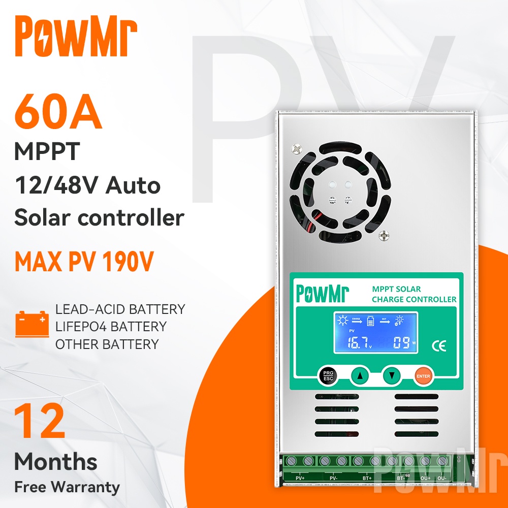 【Official Store】PowMr 60A Solar Charge Controller MPPT 12V/24V/36V/48V Auto Solar controller Max PV 190 VDC support Lead Acid Lifepo4 Battery With Fan good quality One year free warranty