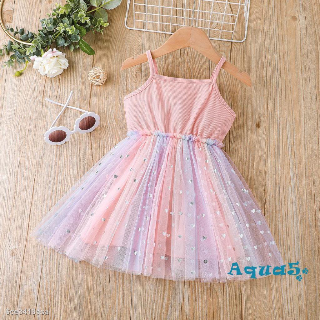 AQQ-Children Girl Summer Dresses Pink Stitched Heart Print Mesh Cute Suspender Dress Birthday Gif
