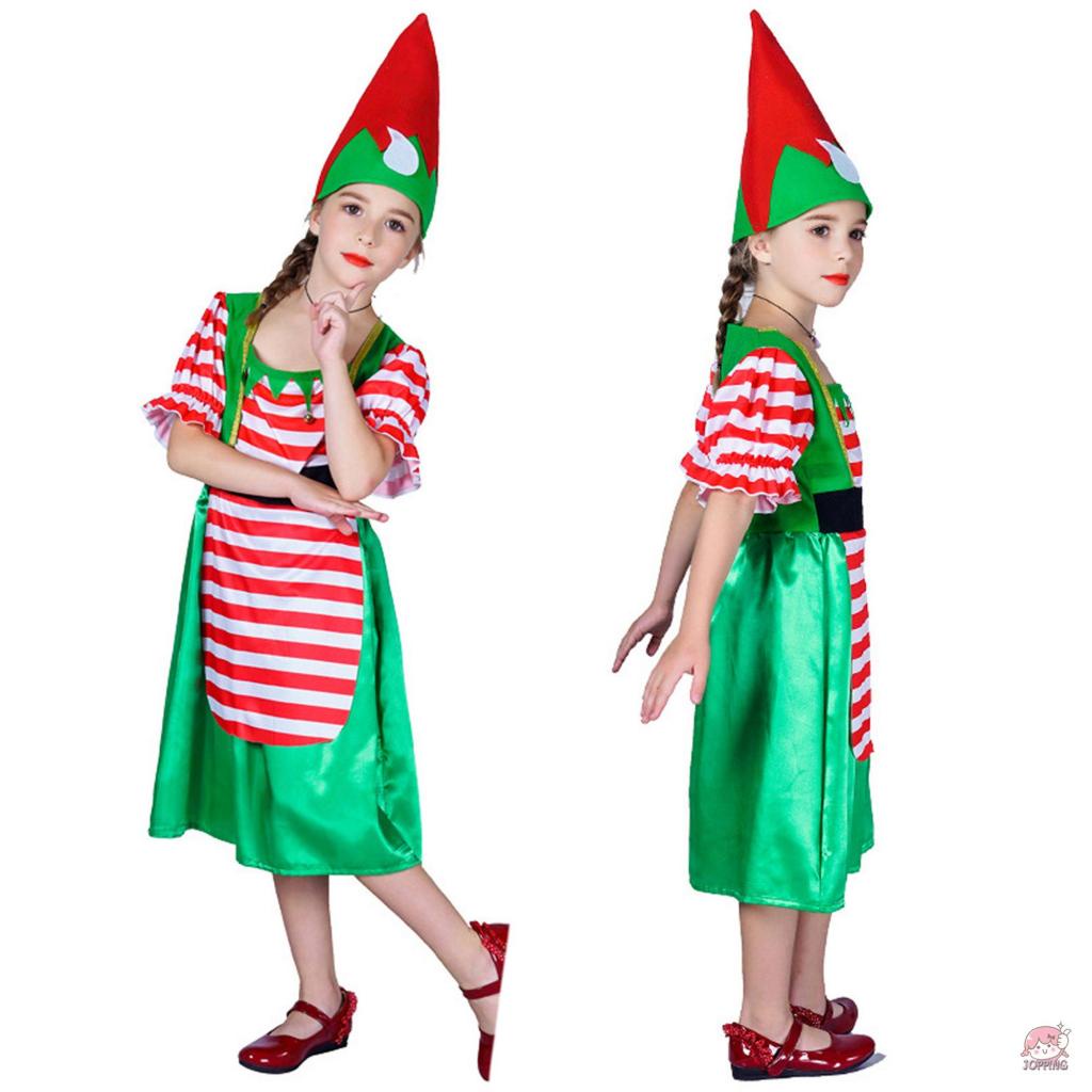 JOP-Kid Girls Christmas Cosplay Outfits Short Sleeve Striped Dress + Cartoon Hat